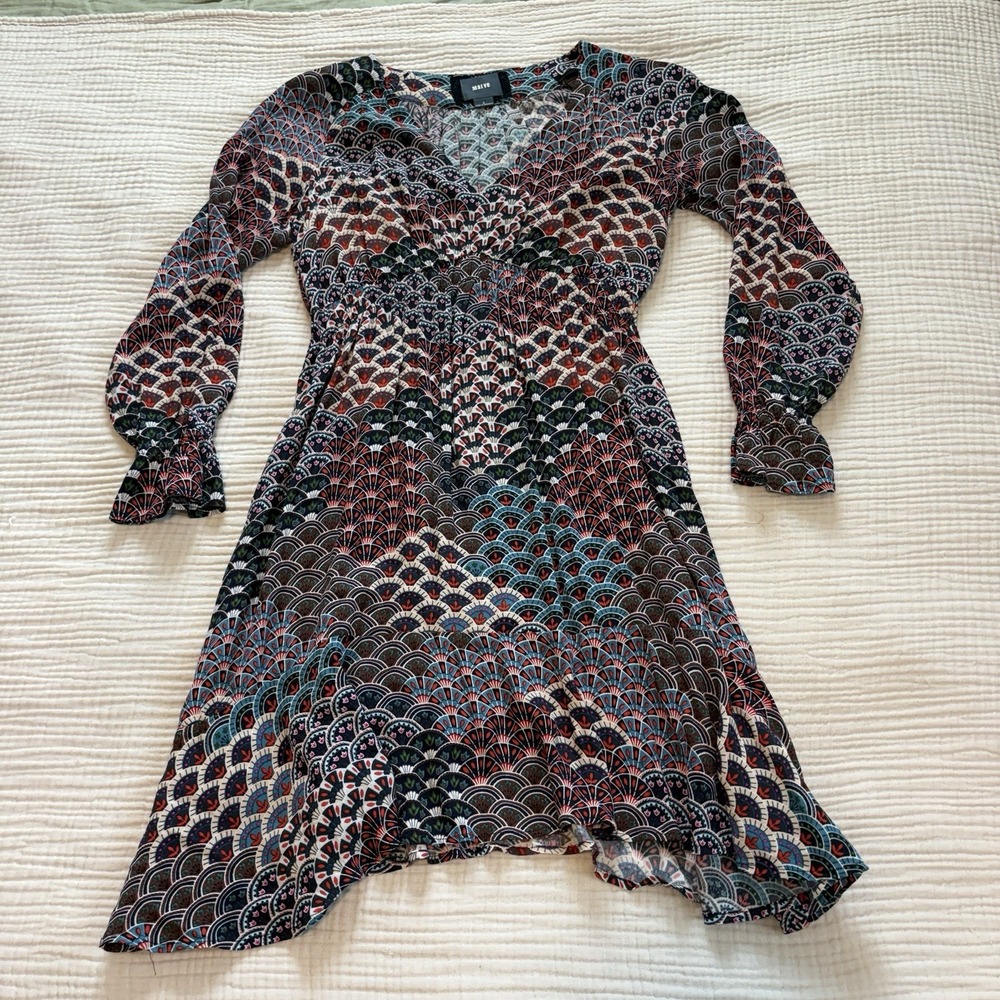 Anthropologie Maeve Monaco Empire Dress Women's Sz Small Fan Print‎ Multi Color